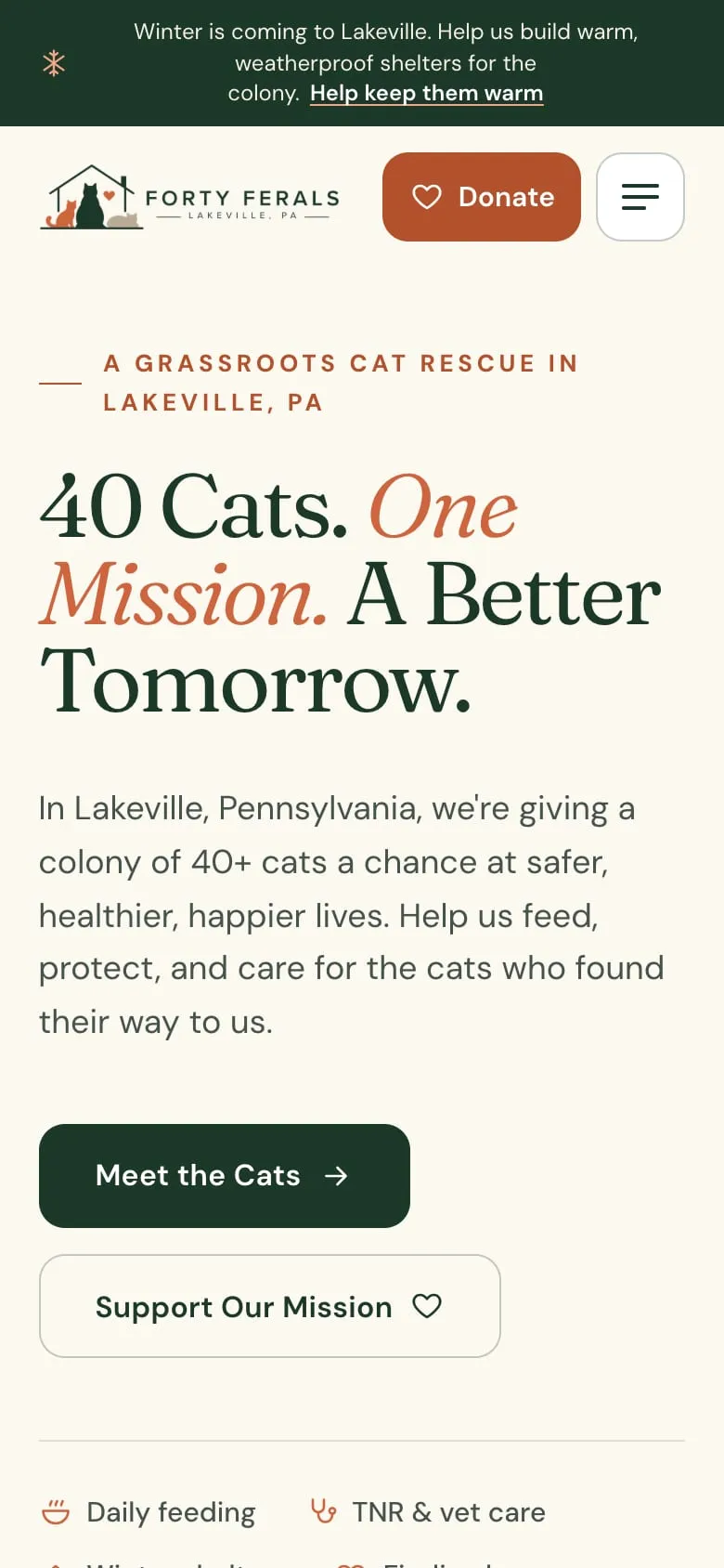 The Forty Ferals Cat Rescue website on a phone