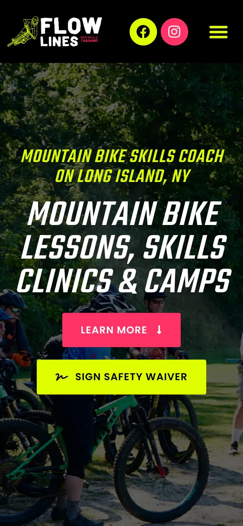 The FlowLines Mountain Bike Skills Training website on a phone