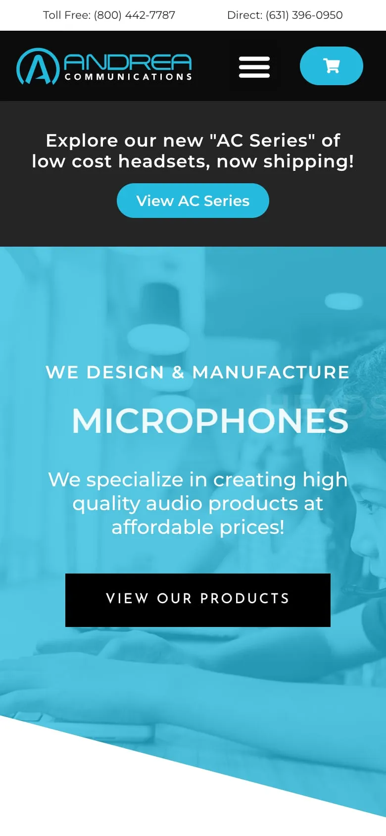 The Andrea Communications website on a phone